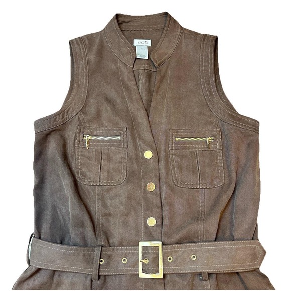 RARE Y2K Cache Tencel Romper Size S Gold Buttons Belted Mock Neck Breathable - Picture 3 of 9